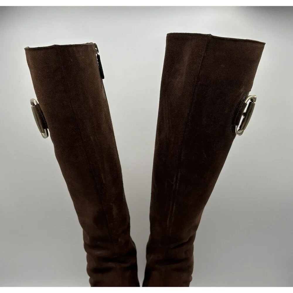 Gucci Brown Suede Knee High Boots GG Logo Accent Silver Horse-bit Size EU 36.5